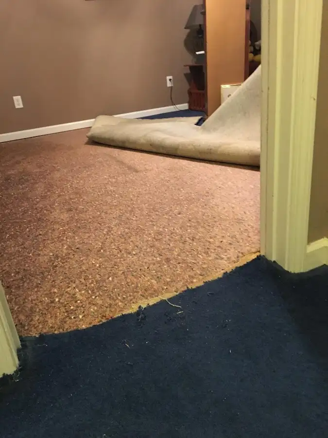 Carpet pad removal revealing water damage during Water Mitigation Services in Fussels Corner